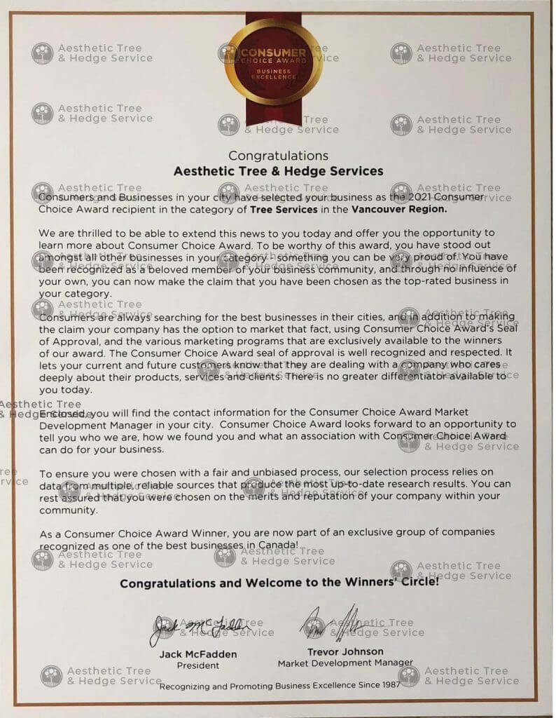 Consumer Choice Award — Aesthetic Tree & Hedge Services