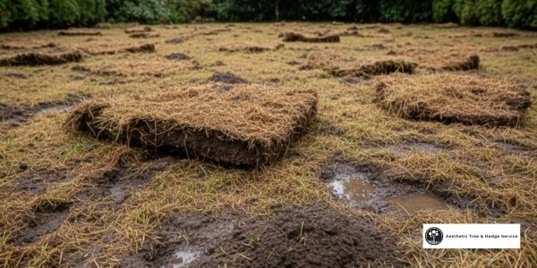 Vancouver lawn pests control: close-up of grub-damaged lawn with dead patches, lifted grass, and mole tunnels under rainy skies.