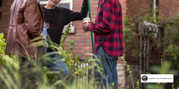 arborist vancouver having friendly chats with group of neighbors in their backyard